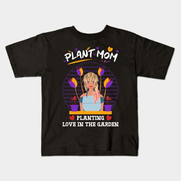 Plant mom planting love in the garden purple Kids T-Shirt by HCreatives